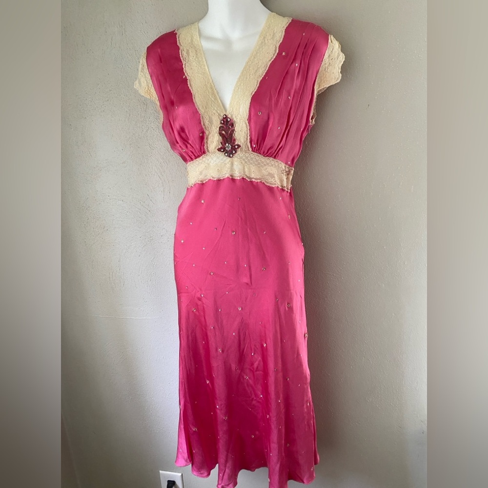 Vintage Silk Pink and Cream Dress with Embellishments